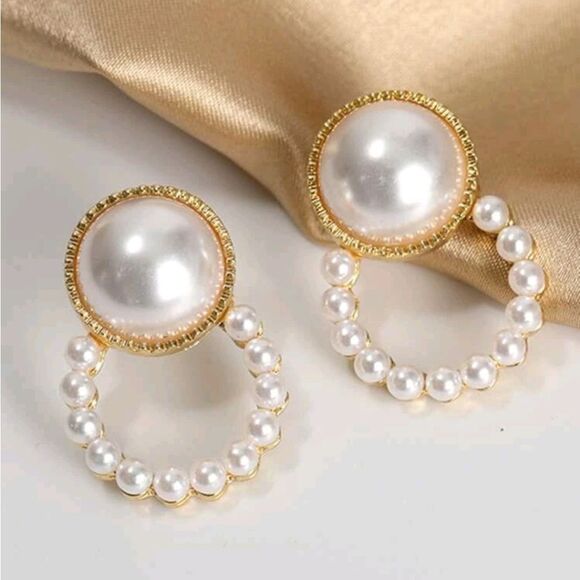 Gold white pearl earrings dainty casual or formal hoop stud small 💖2/$30 - Picture 3 of 14